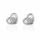 Pereche de cercei mici din argint 925 in forma de contur inima lucioasa cu un buchet central circular din diamante cz albe