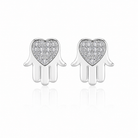 Pereche de cercei stud din argint 925 rodiat in forma de Mana Fatimei cu o inima centrala din diamante cz albe micropave