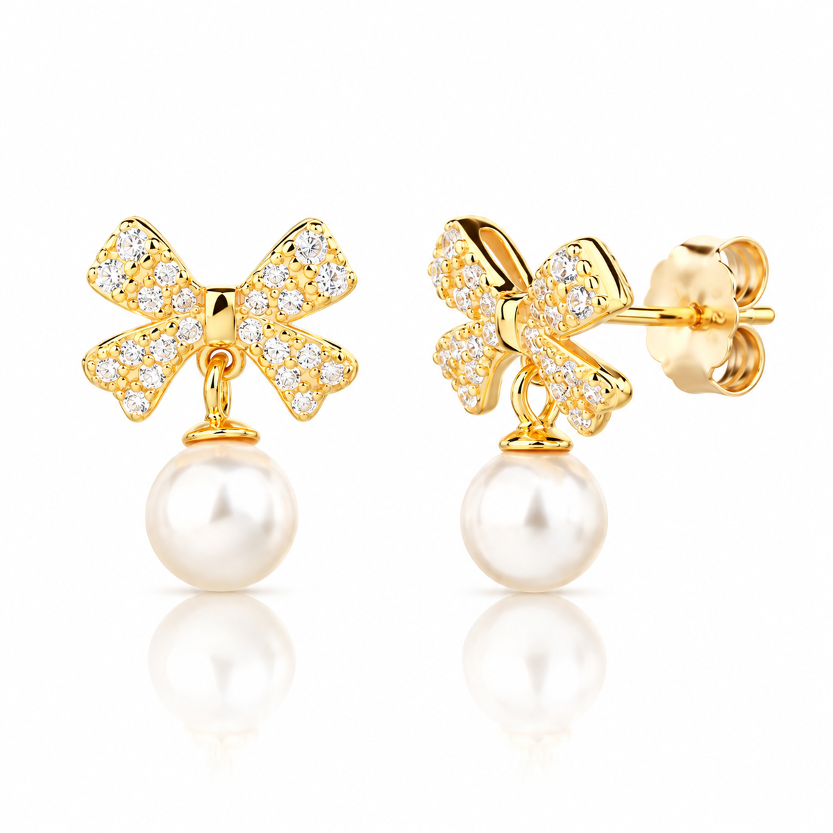Cercei dama din argint 925 rodiat auriu fundita cu perla alba 6 mm si Diamante CZ claritate AAAAA