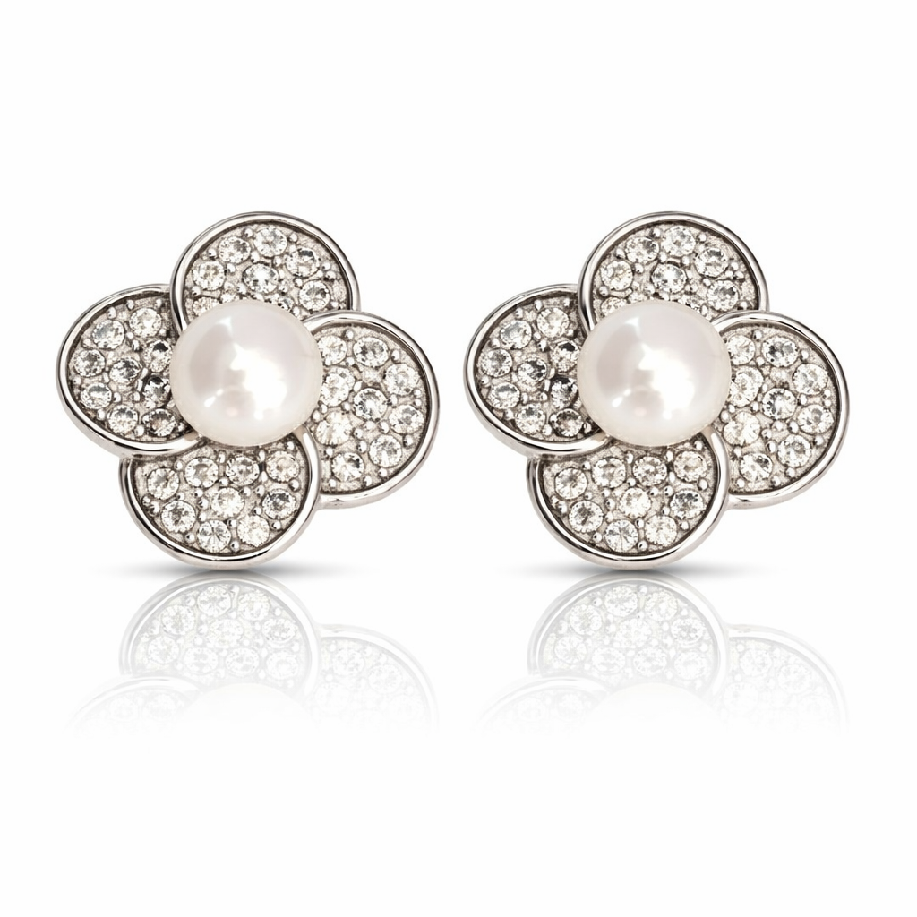 cercei argint 925 rodiat cu perle de cultura si diamante CZ albe, montate micropave