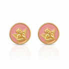 Pereche de cercei rotunzi din argint 925 rodiat rose gold, cu silueta ingeras in relief pe fundal din email roz pastel