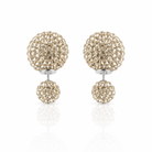 Cercei de dama din argint cu cristale swarovski nuanta champagne si design asimetric cu doua sfere stralucitoare pe fundal alb curat