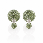  Cercei de dama din argint cu cristale swarovski verde oliv si design asimetric cu doua sfere stralucitoare pe fundal alb curat