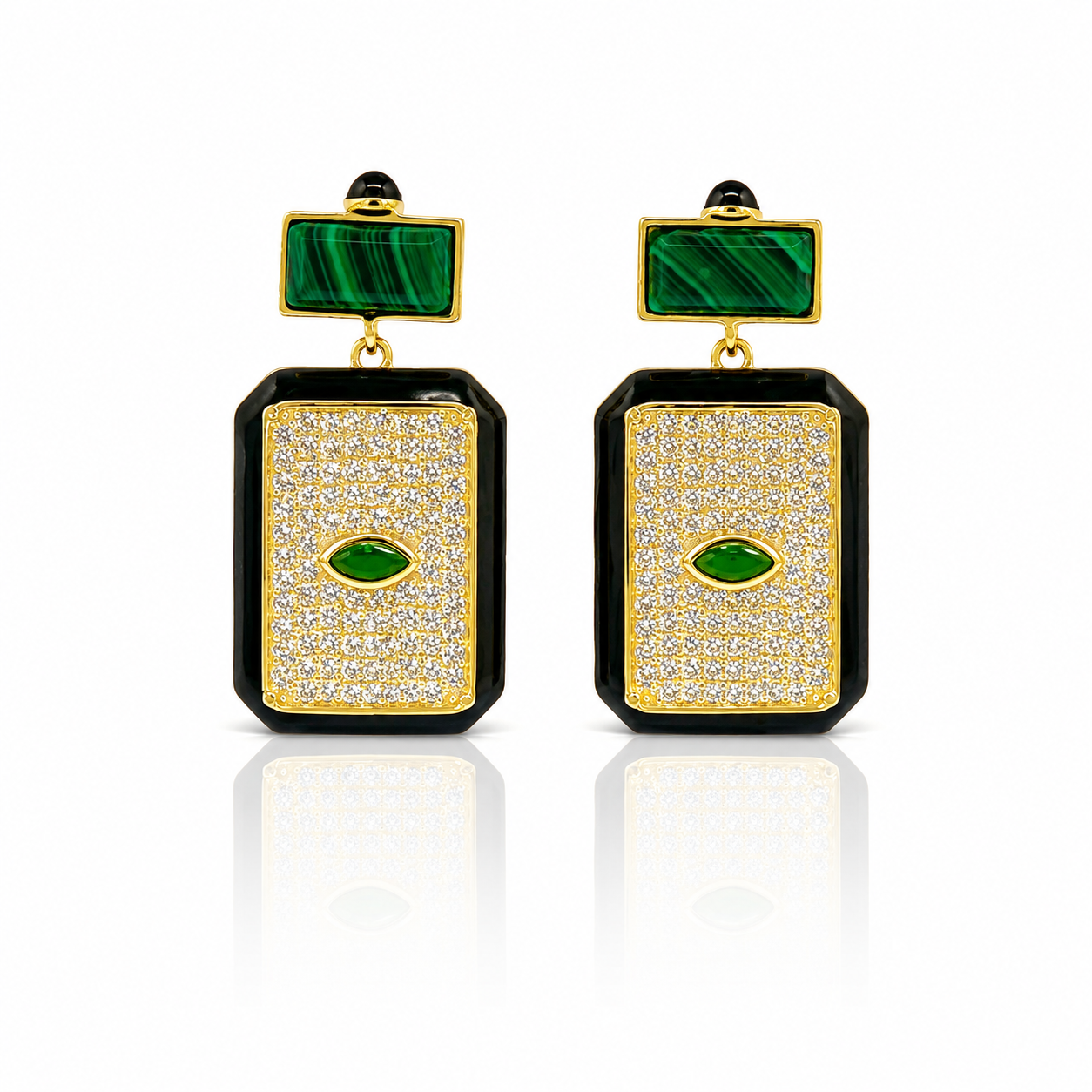 Cercei "Emerald Guardian" din Argint 925 Rodiat Auriu cu Malachite, Smarald si Diamante CZ, Email Negru Cercei Lasardo Gioielli