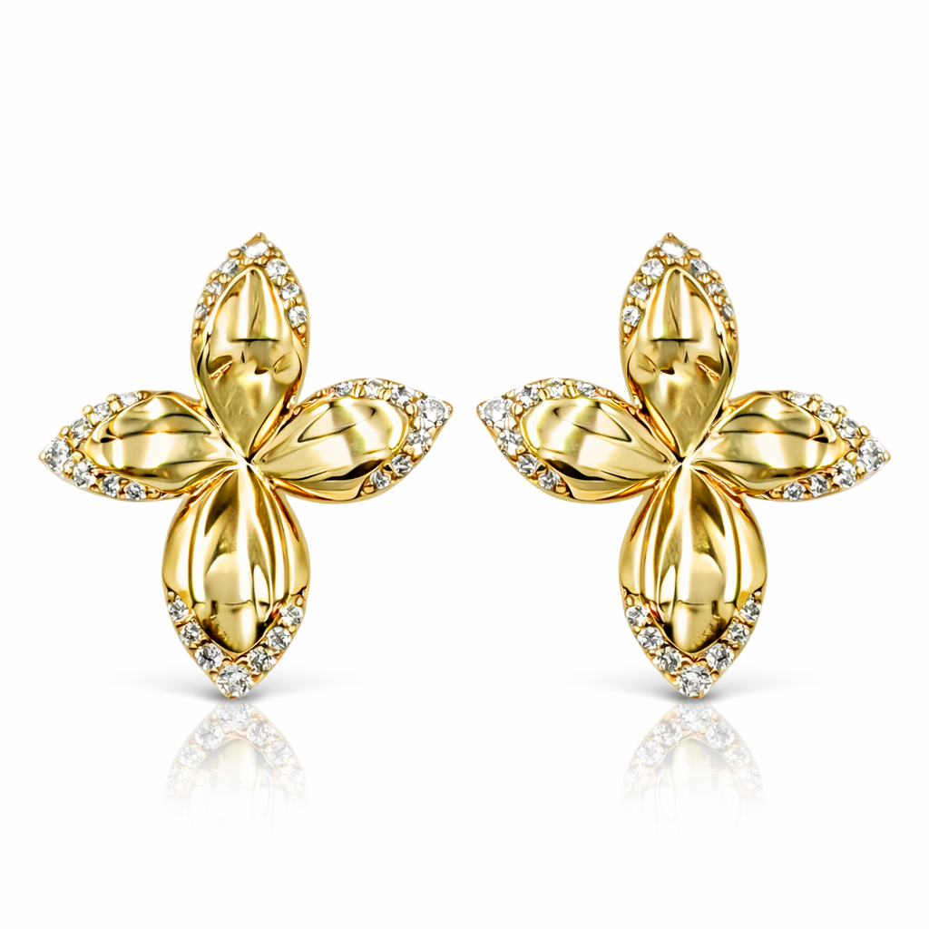 cercei din argint 925 rodiat auriu in forma de floare cu diamante cz pe marginea petalelor