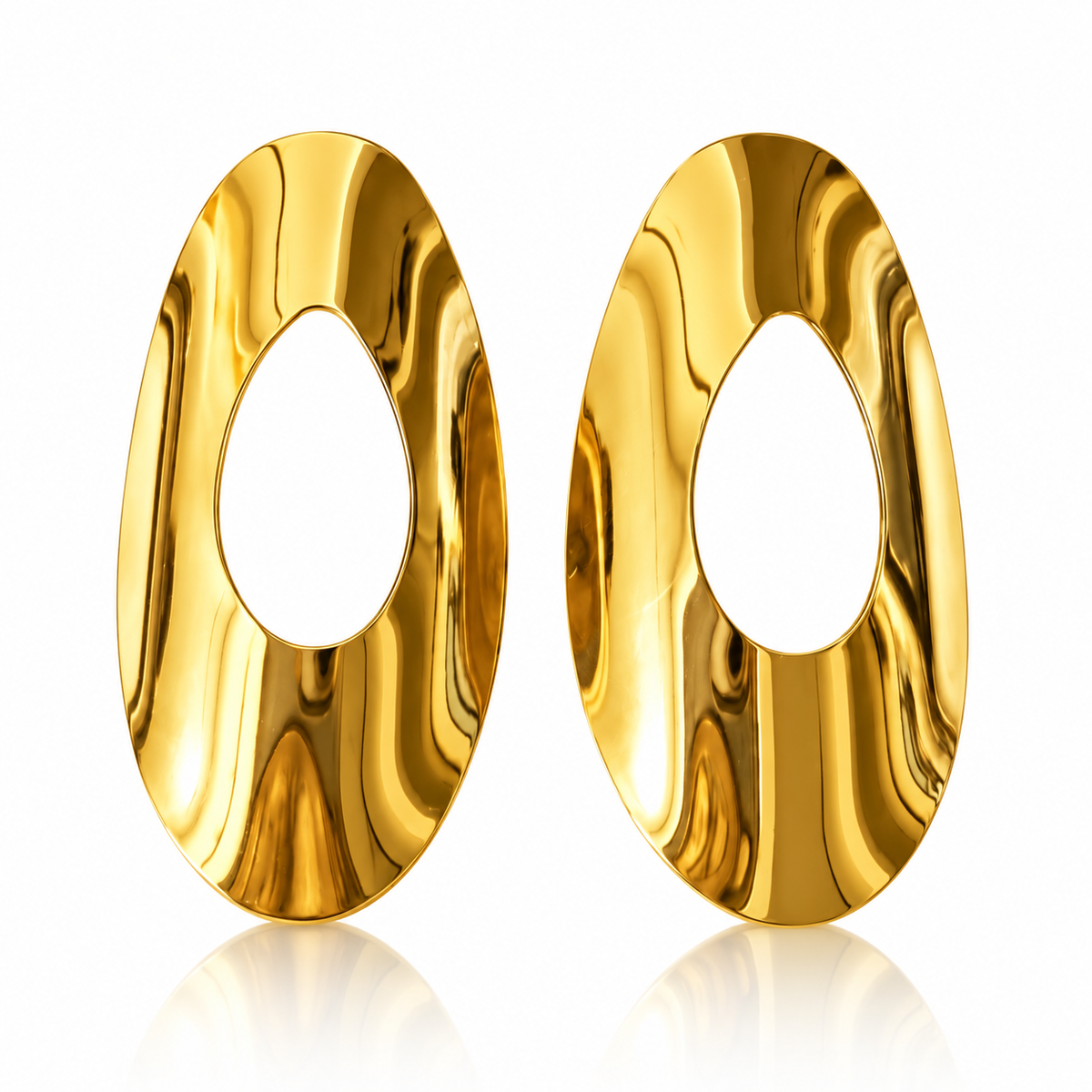 Cercei dama aurii statement din metal placat hipoalergenic, model oval decupat 7.6 cm poza produs vedere frontala