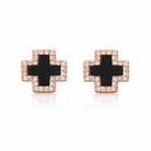 cercei din argint 925 rodiat rose gold in forma de cruce din inox, inconjurata de diamante cz 