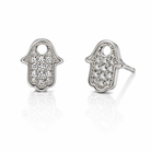 Cercei fini din argint 925 rodiat sub forma de mana Hamsa (Mana lui Fatima), incrustati cu diamante CZ stralucitoare, colectia Lasardo Gioielli