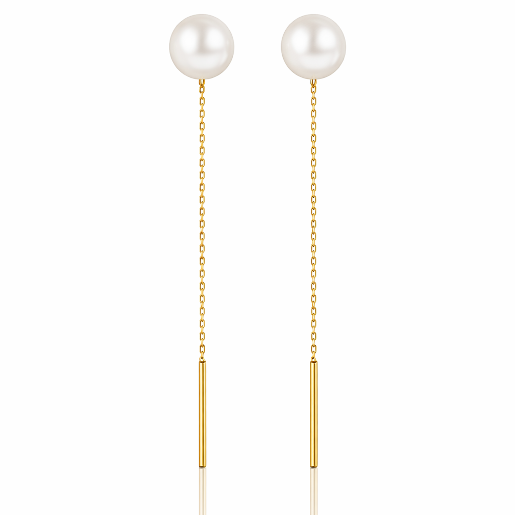 Cercei lungi tip lantisor aurii din otel 316L cu perla de cultura alba de 0.8 cm, design minimalist modern