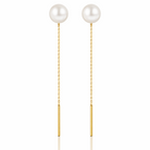 Cercei lungi tip lantisor aurii din otel 316L cu perla de cultura alba de 0.8 cm, design minimalist modern