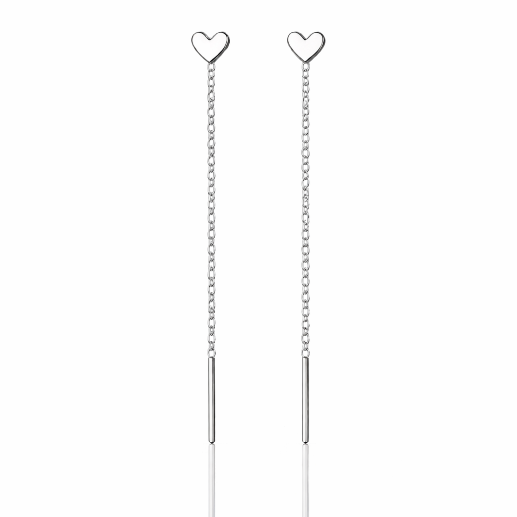 Cercei lungi 10 cm tip lantisor argintiu cu inimioara pe lob, din otel inoxidabil placat cu rodiu