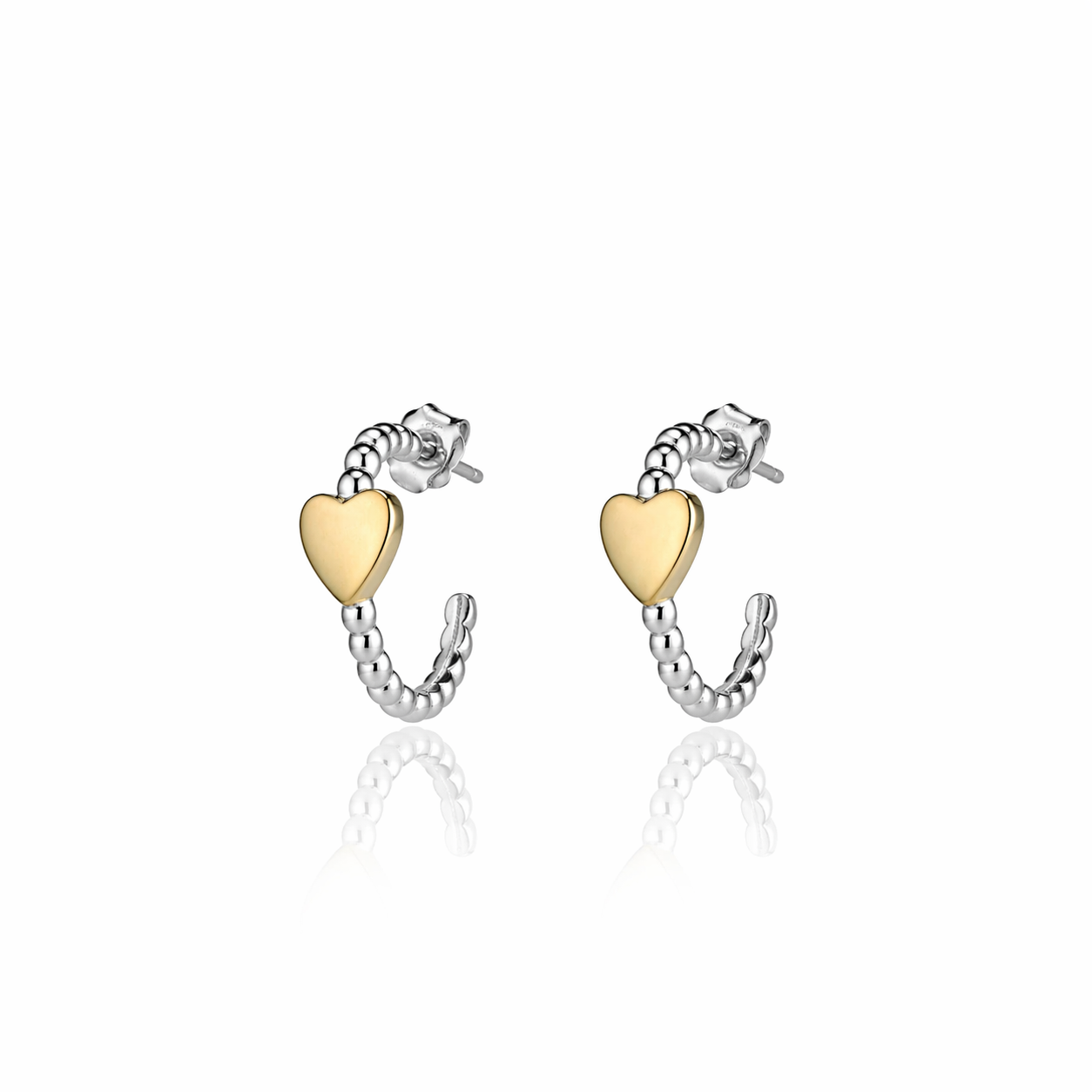 Cercei tip tortita din argint 925 rodiat cu design cu bilute si inima centrala aurie lucioasa, stil minimalist, Lasardo Gioielli.