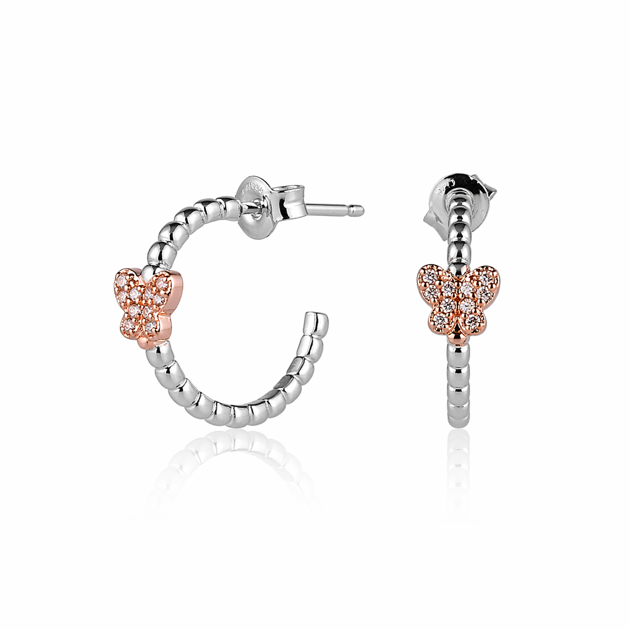 Cercei tip semicerc din argint 925 rodiat cu design sferic si fluture central placat cu rose gold si diamante CZ, colectia Lasardo Gioielli vedere laterala