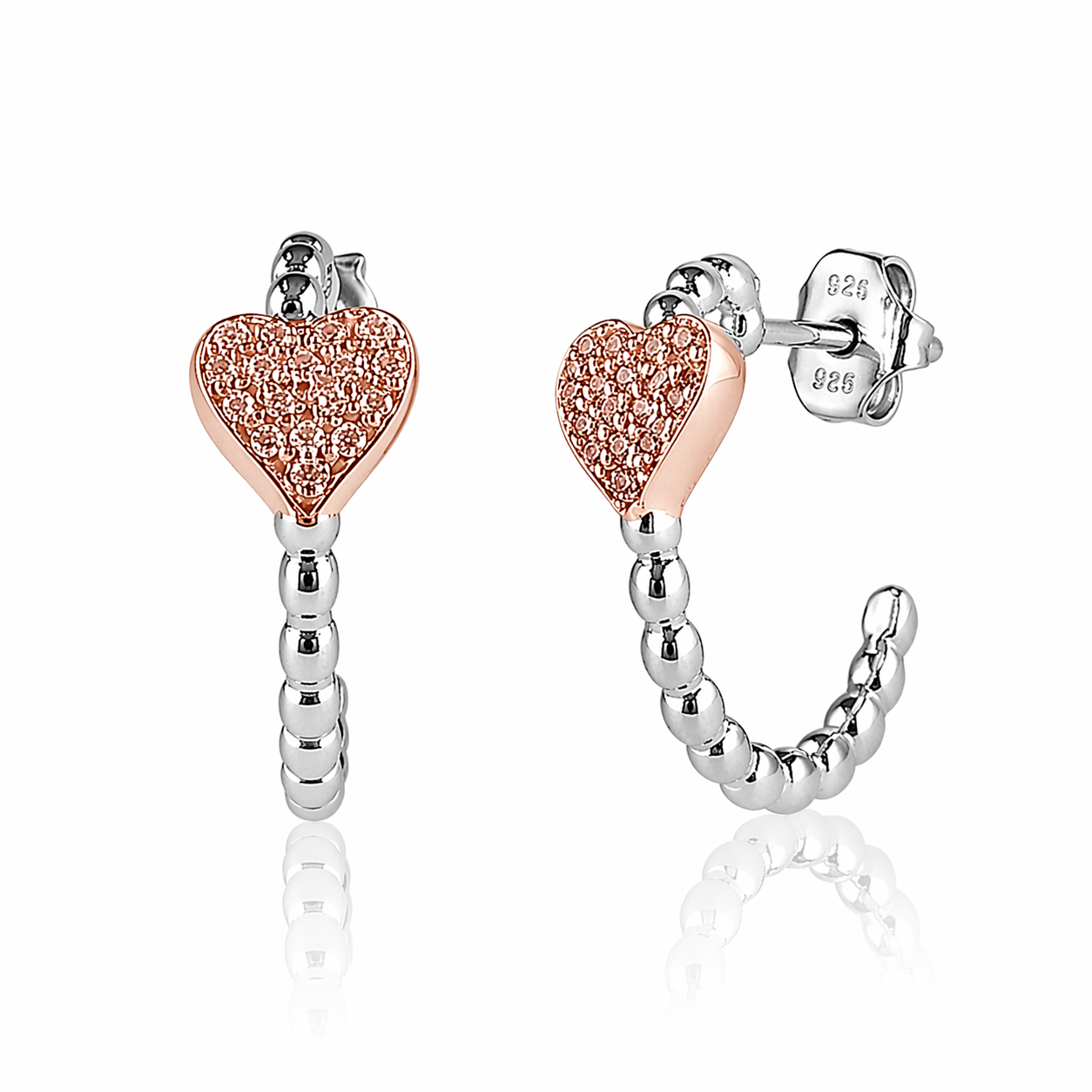 Cercei tip tortita din argint 925 rodiat cu design sferic si inima centrala placata cu rose gold si diamante CZ, colectia Lasardo Gioielli