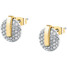 Cercei de dama Trussardi T-Round din otel inoxidabil 316L auriu si argintiu decorati cu cristale.