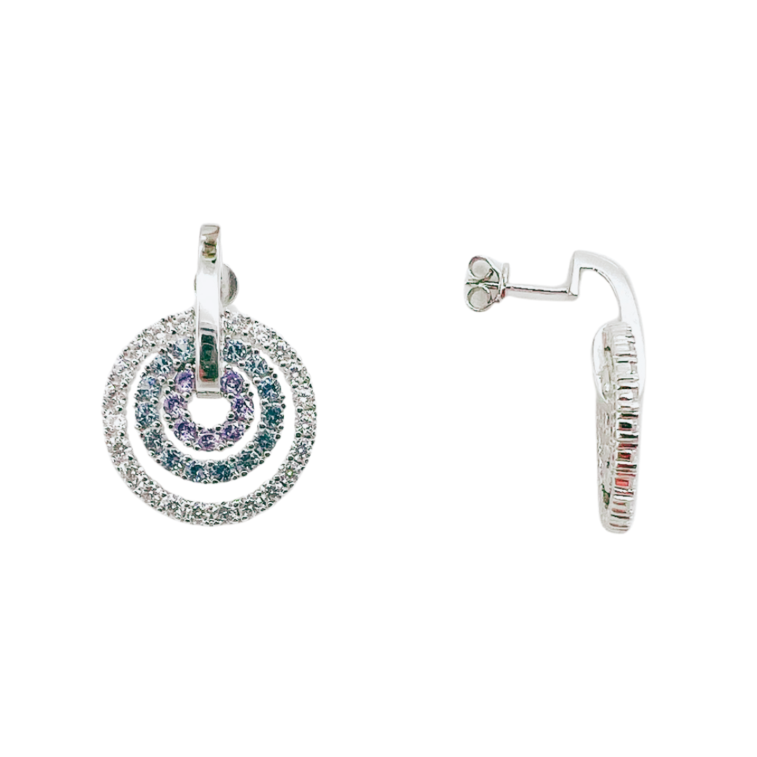 cercei argint cu 3 cercuri concentrice cu diamante cz albe, ametist si spinel inchidere cu surub