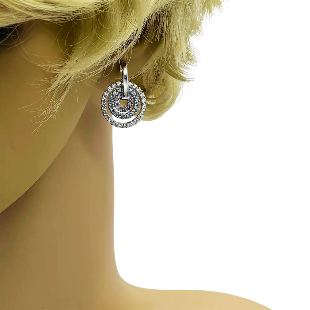 cercei argint cu 3 cercuri concentrice cu diamante cz albe, ametist si spinel la ureche