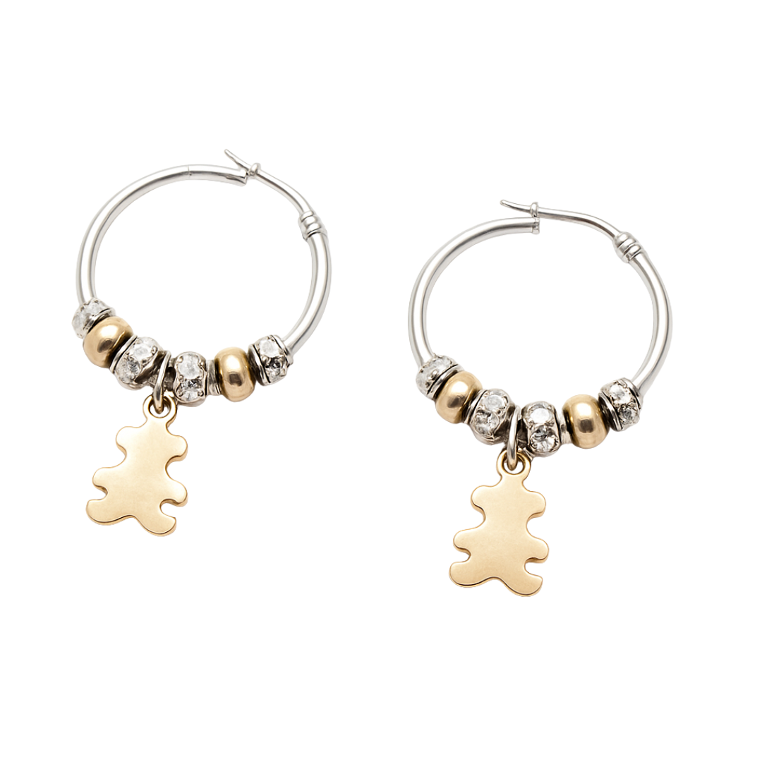 cercei tortita din argint 925 rodiat cu elemente argintii si rose gold si ursulet rose gold