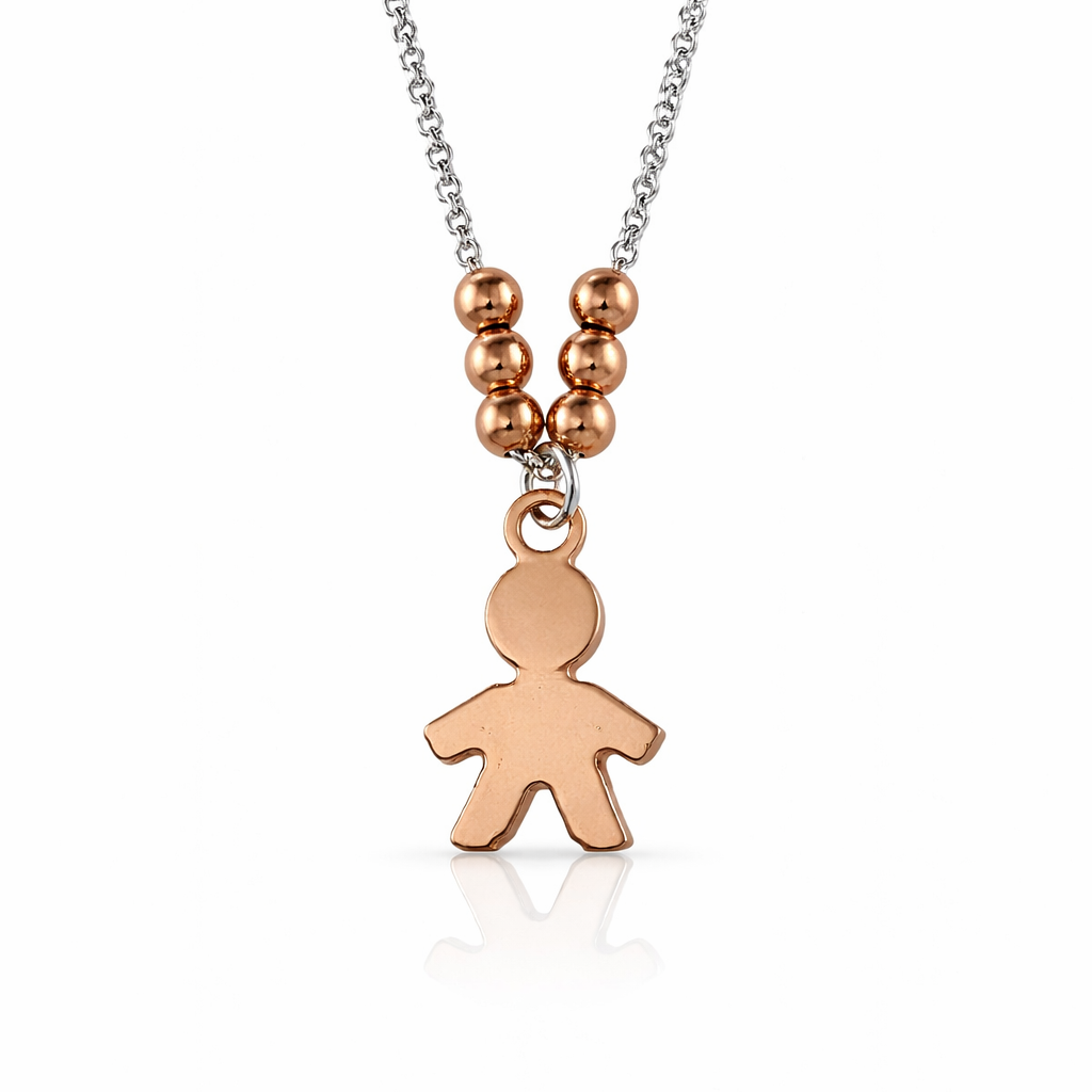  Colier fin din argint 925 cu pandantiv in forma de baietel rose gold si sfere decorative pe un lant argintiu rodiat.
