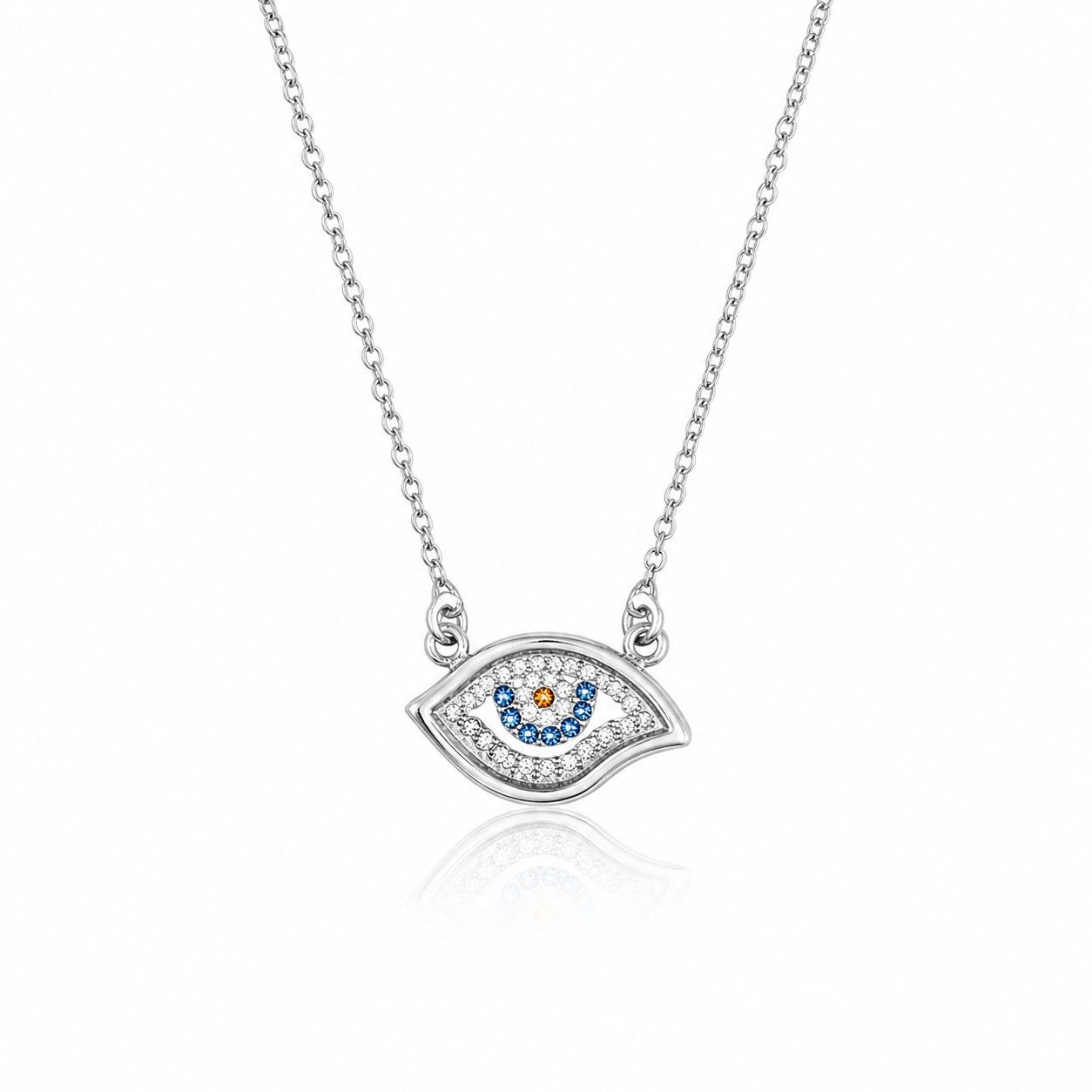 Colier statement din argint 925 rodiat cu pandantiv mare de 2 cm reprezentand simbolul Evil Eye, incrustat integral cu diamante CZ albe si albastre