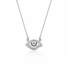 Colier statement din argint 925 rodiat cu pandantiv mare de 2 cm reprezentand simbolul Evil Eye, incrustat integral cu diamante CZ albe si albastre