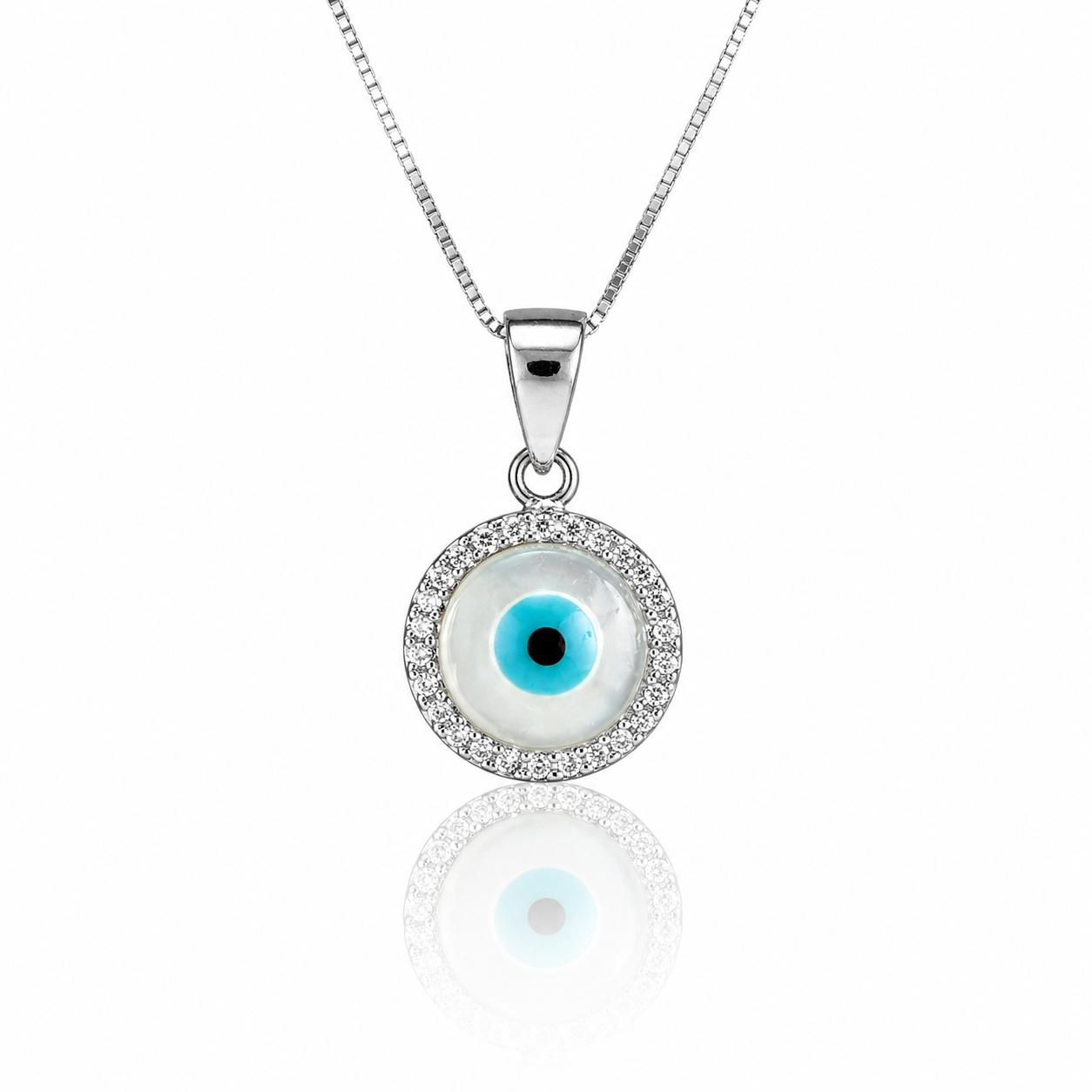 Colier fin din argint 925 rodiat cu pandantiv rotund Evil Eye din sidef natural, inconjurat de un cerc de diamante CZ albe stralucitoare