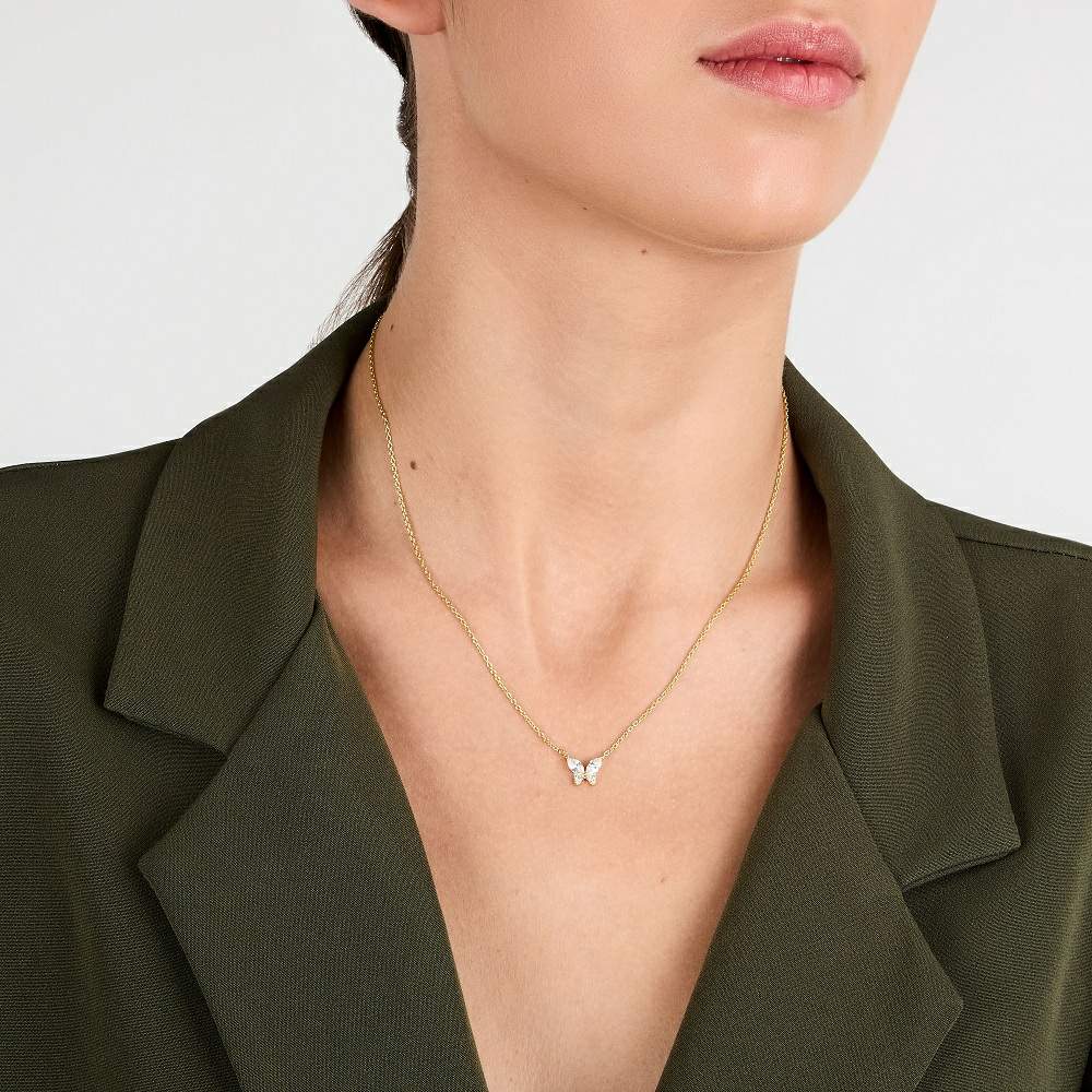 Colier din argint 925 rodiat auriu cu pandantiv fluture si diamante CZ albe, colectia Emily in Paris La Petite Story la gat