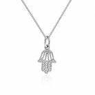 Colier fin din argint 925 cu pandantiv Mana lui Fatima (Hamsa) realizat prin tehnica filigranului, detalii dantelate din metal, lungime 40 cm
