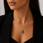  Colier din argint 925 rodiat cu pandantiv oval, fundal din diamante CZ negre si litera G din diamante CZ albe montate micropave, la gat