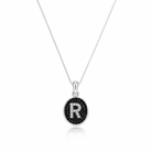  Colier din argint 925 rodiat cu pandantiv oval, fundal din diamante CZ negre si litera R din diamante CZ albe montate micropave