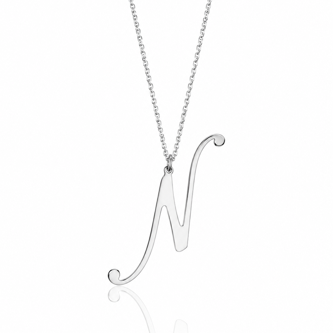  Colier din argint 925 rodiat cu pandantiv mare in forma literei N intr-un stil caligrafic elegant