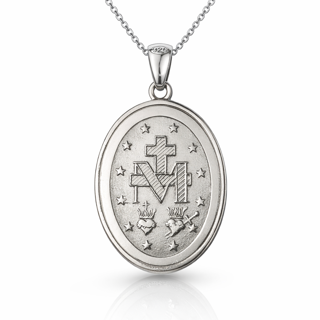 Colier elegant din argint 925 rodiat cu pandantiv oval mare de 3 cm reprezentand-o pe Maica Domnului, incadrat de diamante CZ stralucitoare, colectia Lasardo Gioielli, vedere din spate