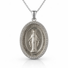Colier elegant din argint 925 rodiat cu pandantiv oval mare de 3 cm reprezentand-o pe Maica Domnului, incadrat de diamante CZ stralucitoare, colectia Lasardo Gioielli.