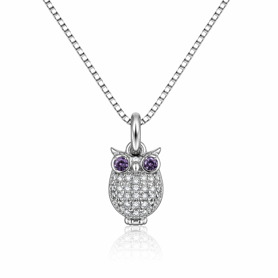 Colier din argint 925 rodiat cu pandantiv in forma de bufnita incrustat cu diamante CZ albe si ochi  mov.