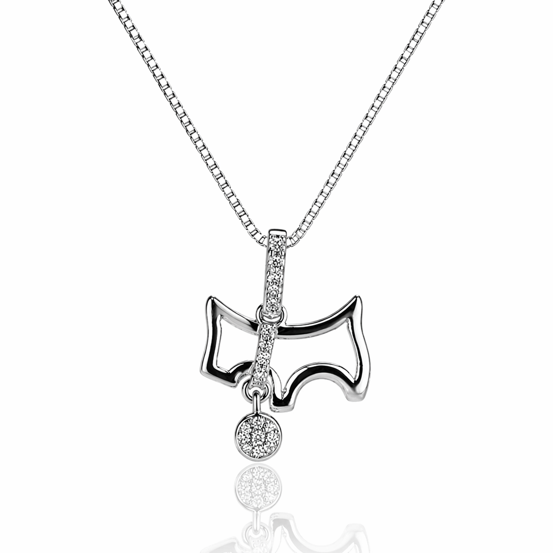 Colier din argint 925 rodiat cu pandantiv in forma de silueta de catelus, decorat cu o linie verticala si un medalion rotund cu diamante CZ albe