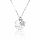 Colier din argint 925 rodiat cu lantisor fin si doua pandantive suspendate: un banut plat gravat Lucky Star si o stea stralucitoare cu diamante cz montate micropave.