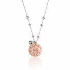 Colier de dama din argint 925 rodiat cu detalii din cristale, medalion banut rose gold gravat Best Friends cu pisica si charm clopotel 