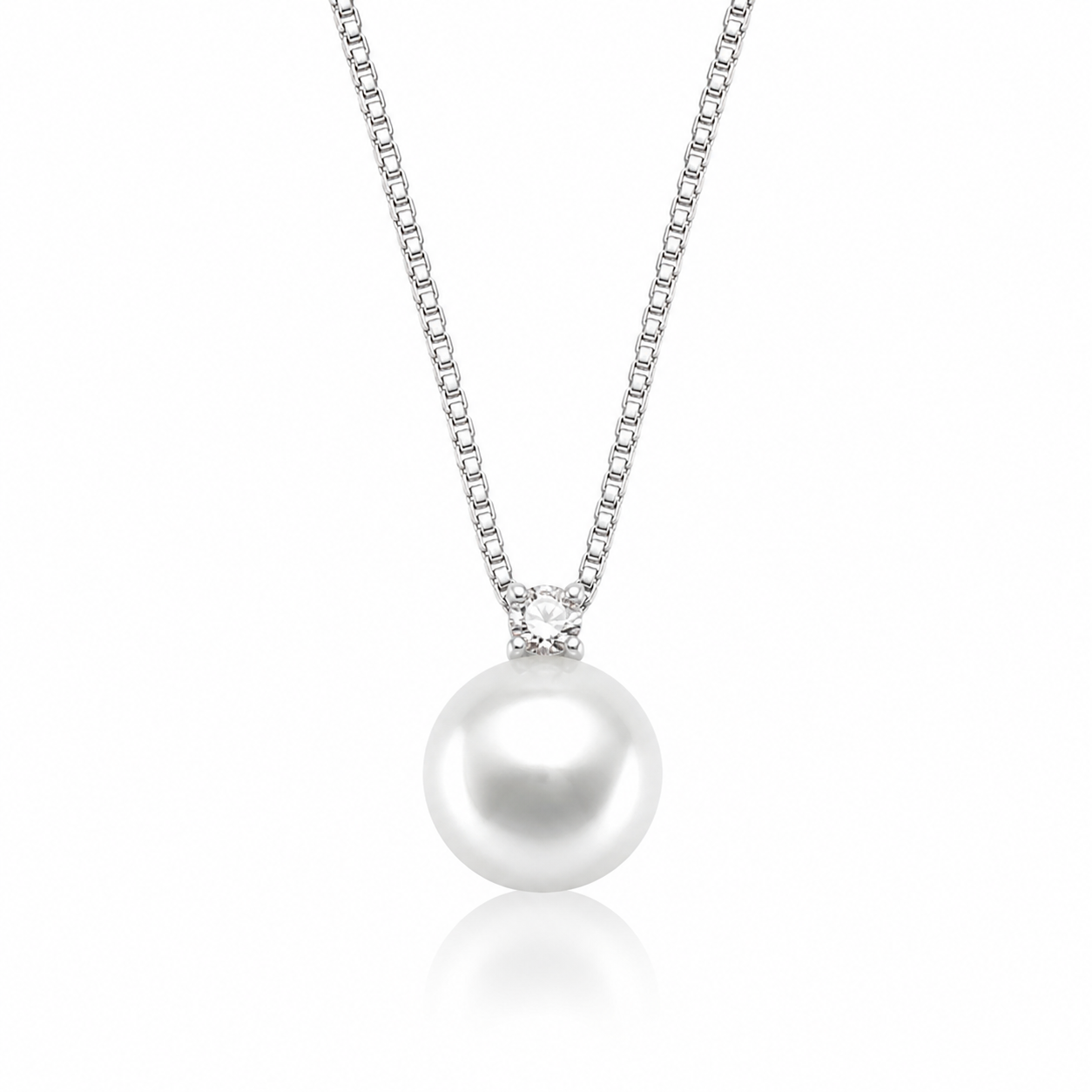 Colier de dama din argint 925 rodiat cu lant fin tip box chain, pandantiv perla naturala de cultura sferica si un diamant cz alb stralucitor deasupra
