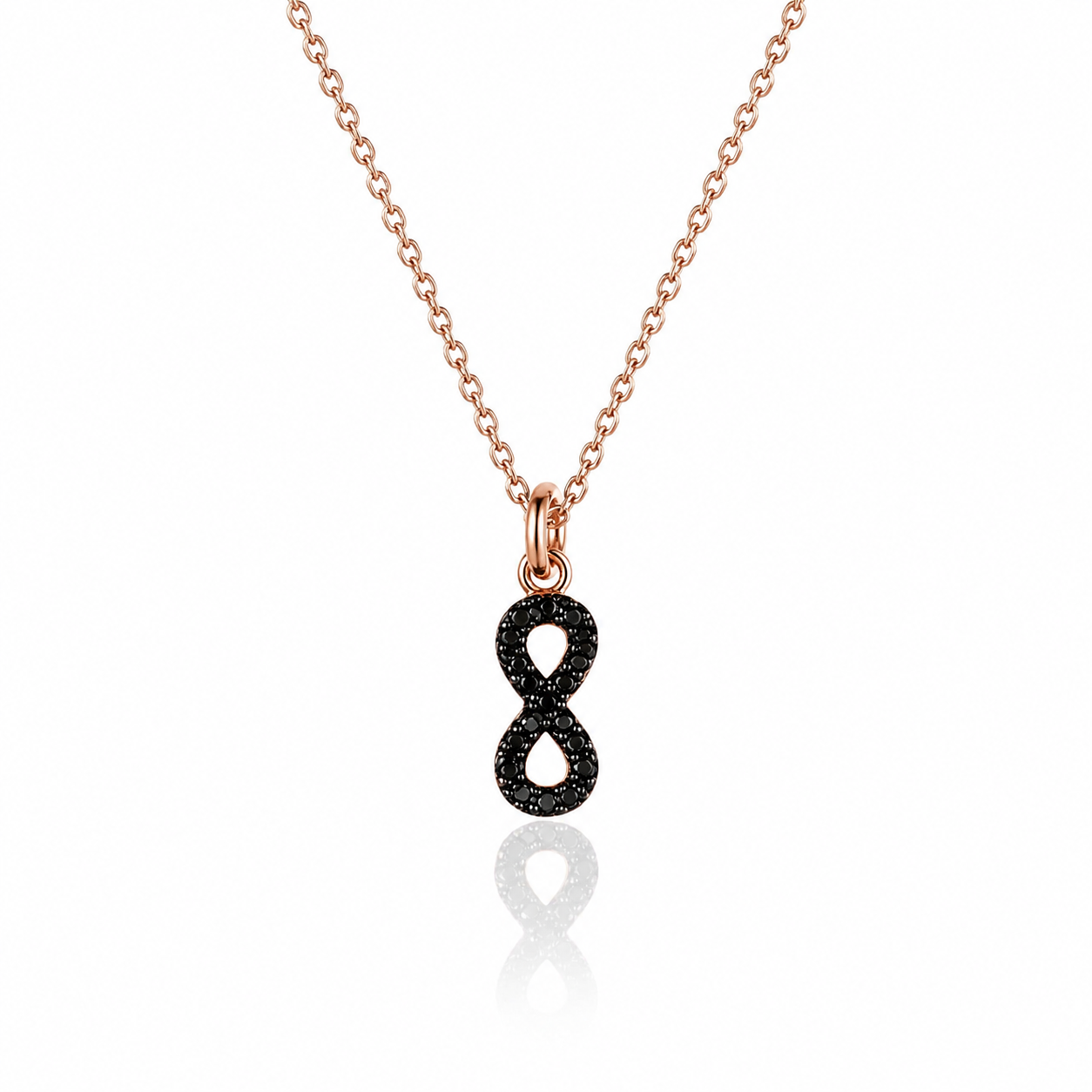colier din argint 925 rodiat rose gold cu pandantiv semnul infinitului diamante cz negre