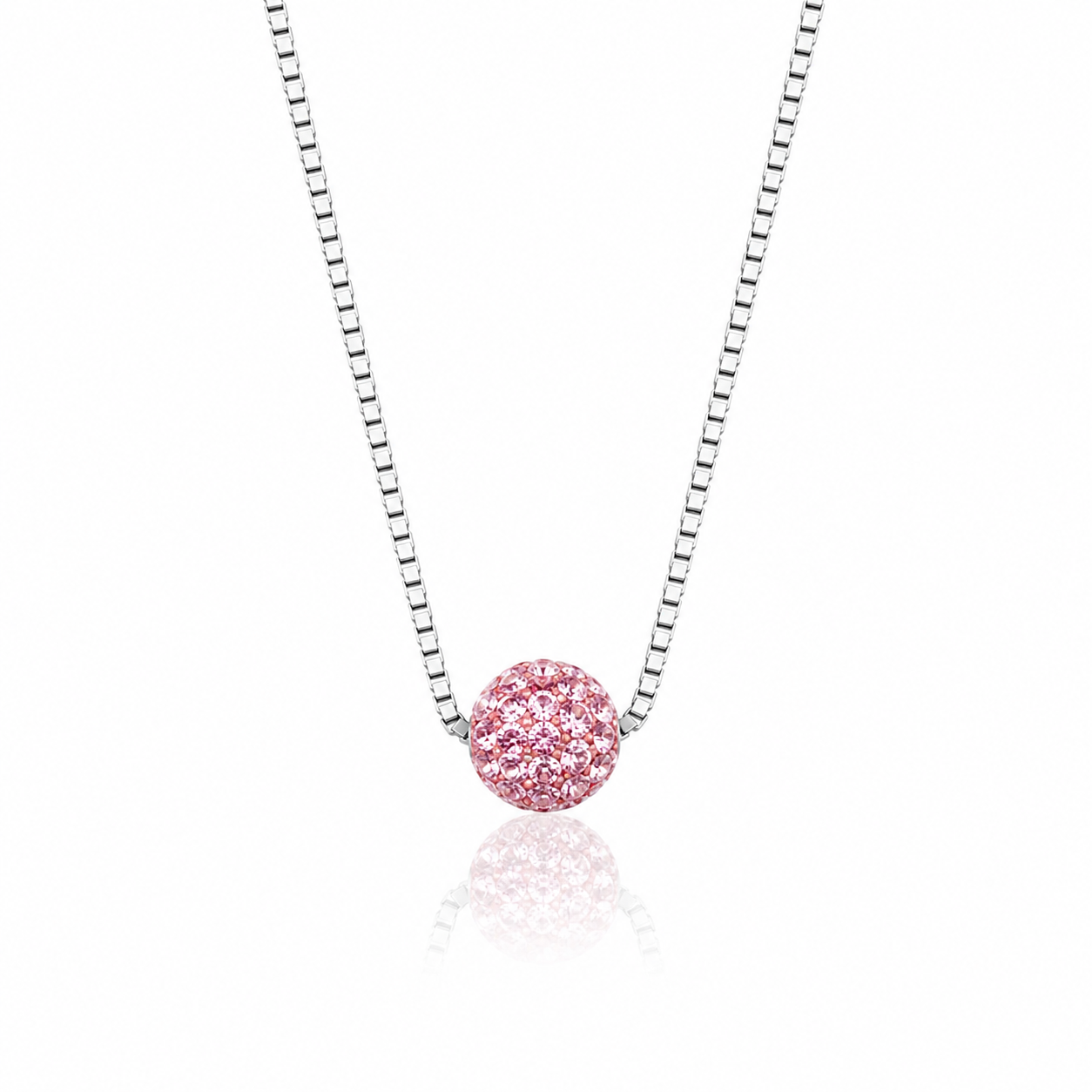  Colier din argint 925 rodiat cu lantisor fin tip venetian si pandantiv sfera acoperit complet cu cristale swarovski roz