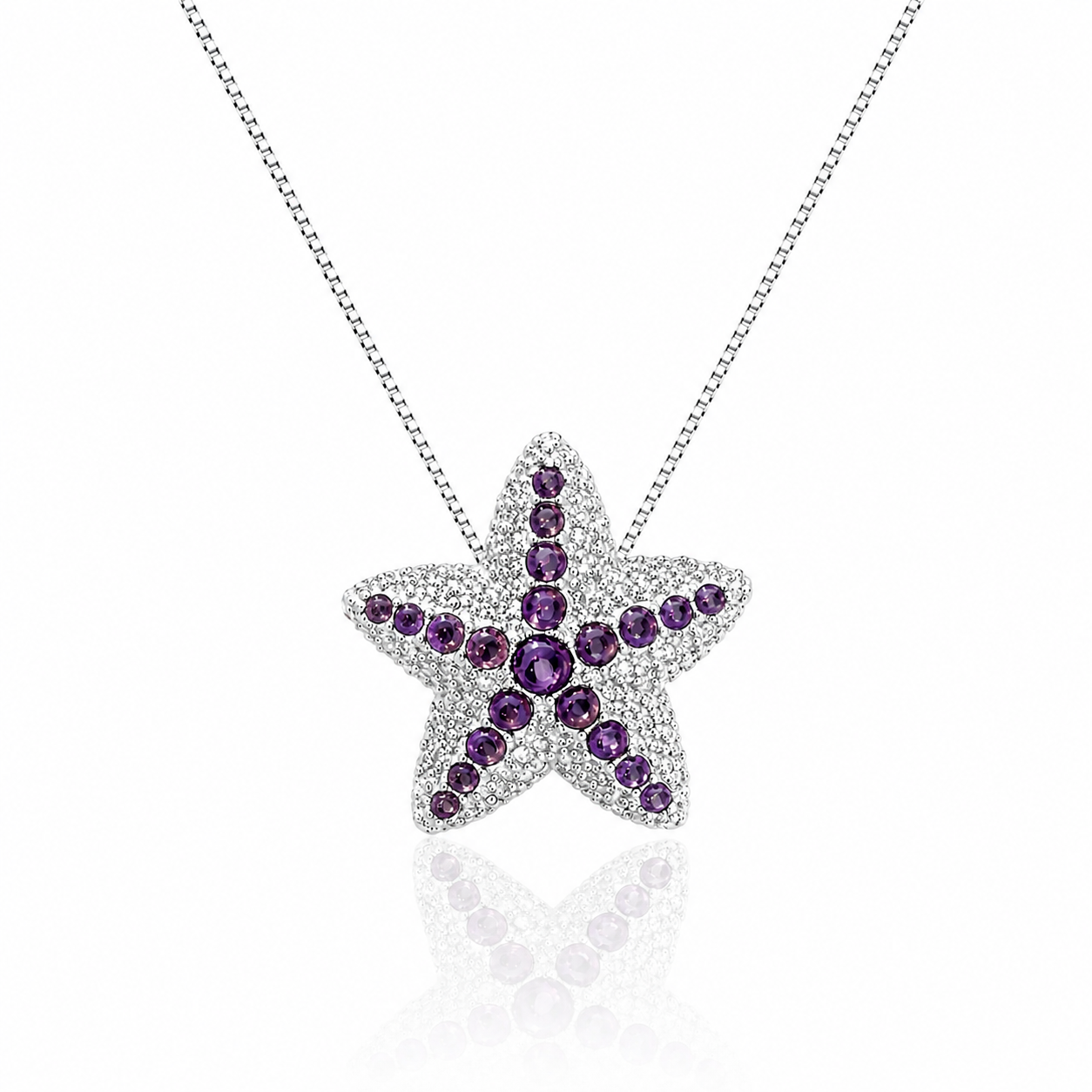 Colier din argint 925 cu pandantiv in forma de stea de mare incrustat cu ametist mov si diamante cubic zirconia albe