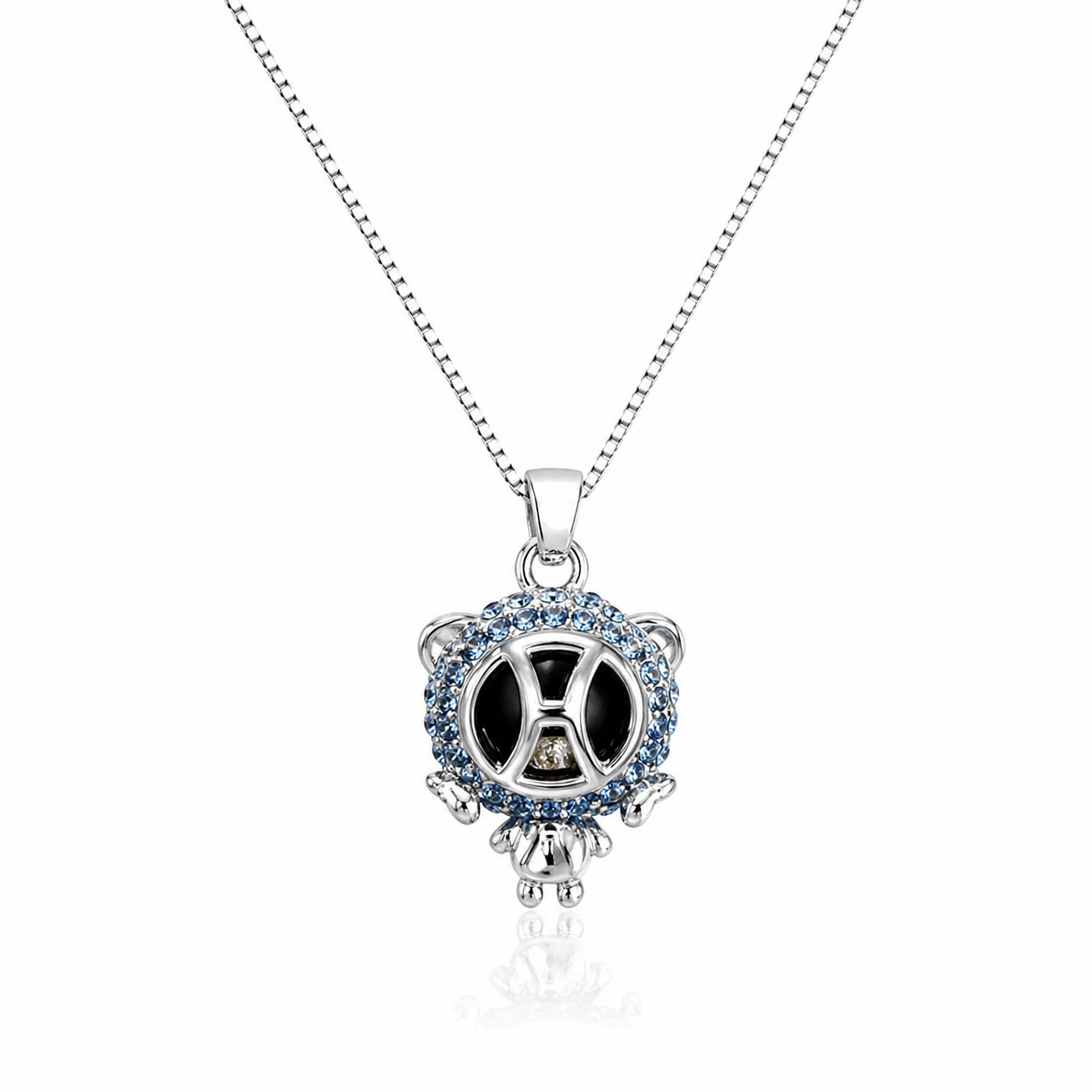 Colier din argint 925 rodiat cu pandantiv figurina zodia Pesti, decorat cu cristale Swarovski albastre si detalii din email, vedere spate
