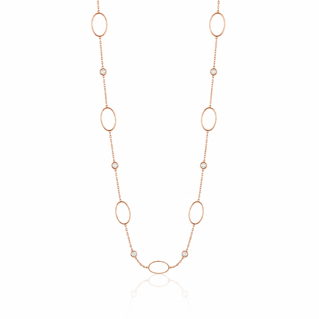 colier lung de 88 cm din argint 925 rose gold cu diamante CZ si elemente geometrice ovale