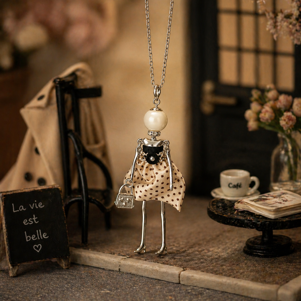  Colier lung din otel inoxidabil cu pandantiv din colectia Bambole, papusica cu rochita cu buline si cap din perla, poza lifestyle