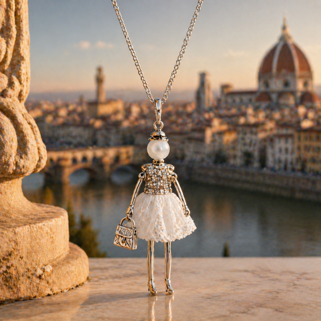 Colier lung din otel inoxidabil cu pandantiv papusica din colectia Bambole, model Bianca cu rochita alba din dantela, corset cu cristale si perla alba, imagine lifestyle Florenta