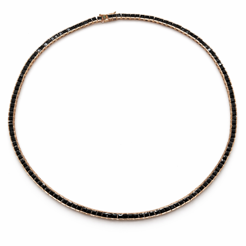 colier tennis unisex din argint 925 rodiat rose gold cu diamante cz negre princess cut 