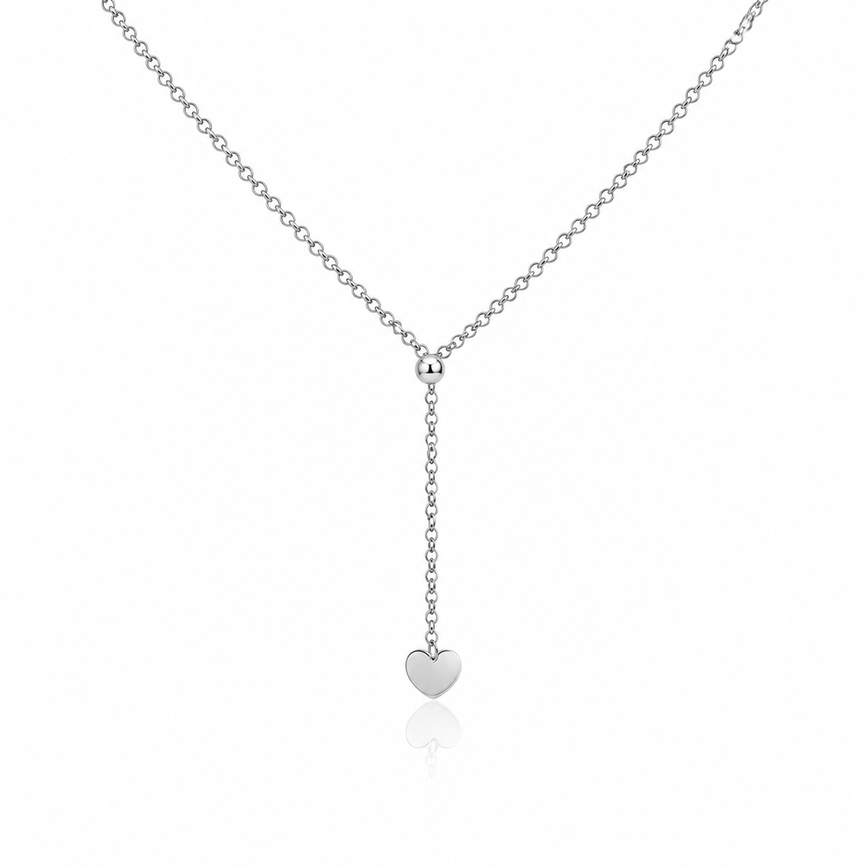 Colier de dama din argint 925 rodiat cu structura tip Y, element central sferic culisant si pandantiv in forma de inima plata
