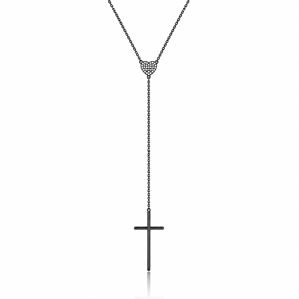 colier din argint 925 rodiat negru cu inima diamante cz albe si cruce 