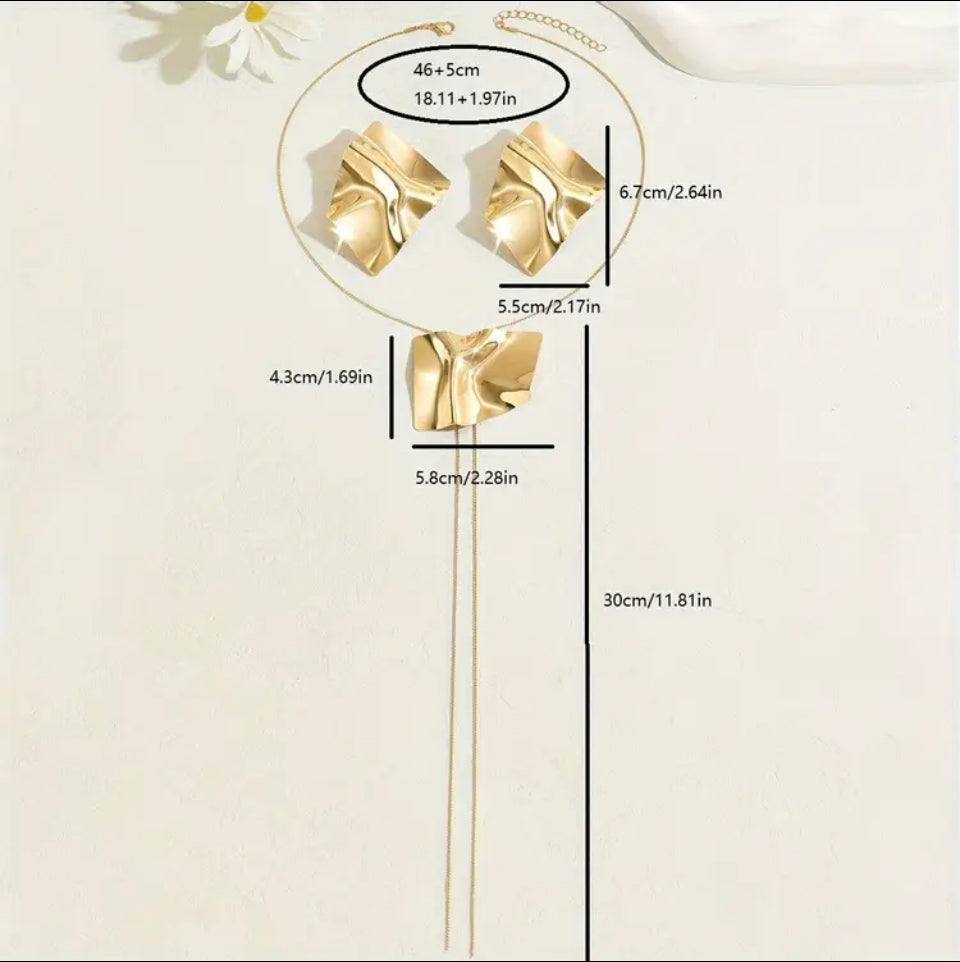 Set colier lung si cercei statement aurii, design abstract Aurum Flow Set Lasardo Gioielli