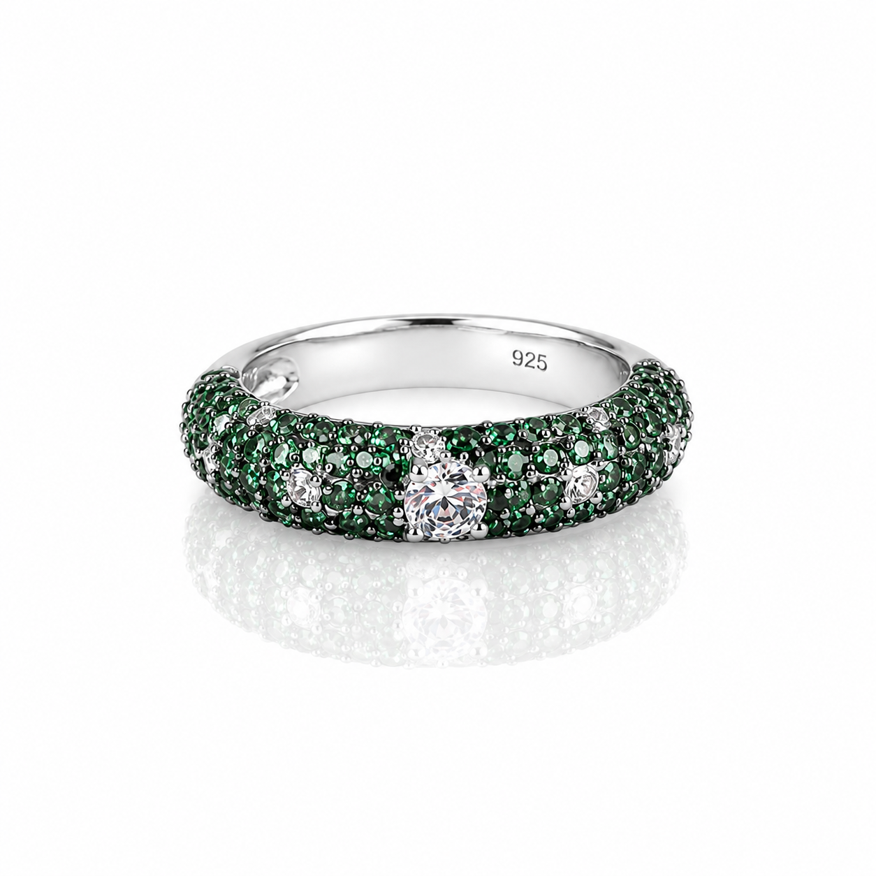  Inel din argint 925 rodiat cu pavaj dens de smaralde cubic zirconia verzi si diamante albe centrale